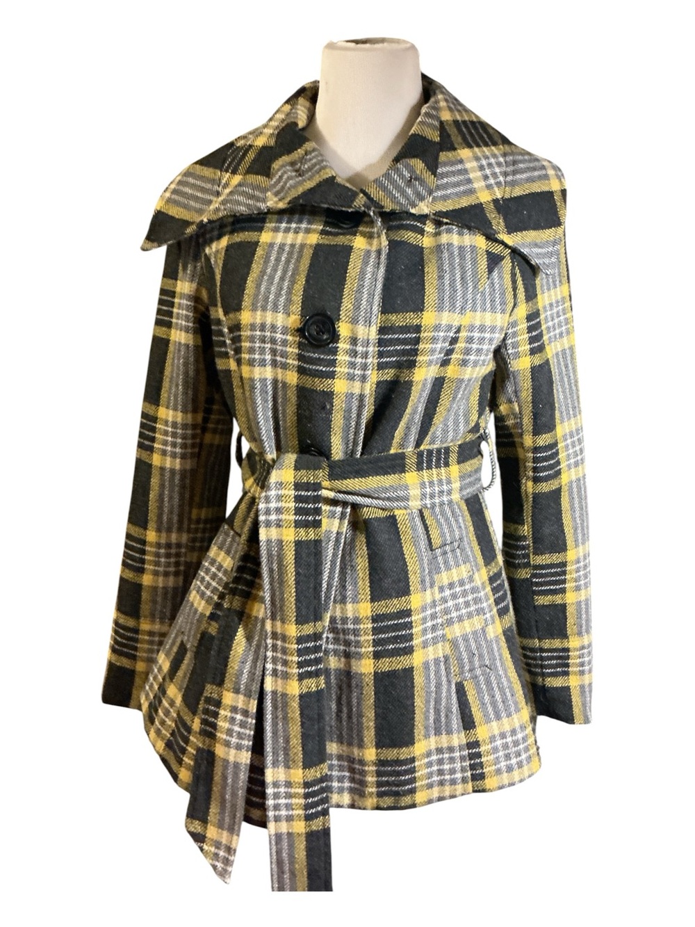 Tracy Evans Yellow & Gray Plaid Belted Peacoat